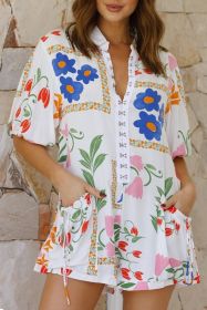 White Floral Print Split Neck Pocketed Shirt Collar Romper (size: (US 8-10)M)