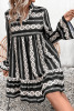 Black Boho Geometric Printed Flared Long Sleeve Mini Dress