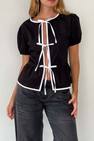 Black Bow Tie Contrast Edge Puff Sleeve Shirt (size: (US 8-10)M)