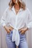 White Plain Knotted Front Loose Fit Sheer Shirt