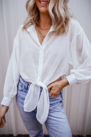 White Plain Knotted Front Loose Fit Sheer Shirt (size: (US 4-6)S)