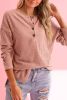 Rose Drop Shoulder Ribbed Knit Long Sleeve Henley Top