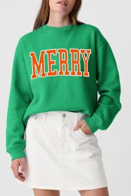 Dark Green MERRY Graphic Drop Shoulder Pullover Sweatshirt (size: (US 4-6)S)