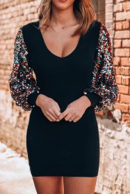 Black Sequin Bishop Sleeve U Neck Knit Mini Dress (size: (US 4-6)S)
