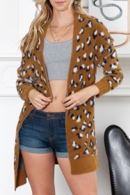 Brown Leopard Print Fur Long Cardigan (size: (US 24-26)3XL)