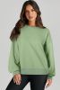 Smoke Green Plain O Neck High Low Hem Pullover Sweatshirt