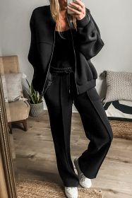 Black Seamed Zipper Jacket and Drawstring Waist Pants Set (size: (US 8-10)M)