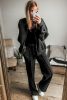Black Seamed Zipper Jacket and Drawstring Waist Pants Set