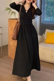 Black V-Neck Pinch Pleat Waisted Long Sleeve Maxi Dress (size: (US 4-6)S)
