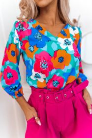 Multicolor Floral Print Casual V Neck Blouse (size: (US 12-14)L)