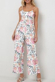 White Floral Spaghetti Straps Wide Leg Jumpsuit (size: (US 4-6)S)