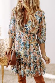 Sky Blue Floral 3/4 Sleeve V Neck High Waist Ruffled Dress (size: (US 4-6)S)