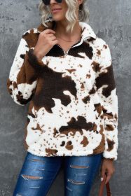 White Animal Print Zipper Collared Pocketed Sweatshirt (size: (US 8-10)M)