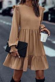 Light French Beige Frilled Collar Ruffled Shoulder Tiered Dress (size: (US 4-6)S)