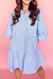 Sky Blue Striped Pocket Ruffle Hem Mini Dress (size: (US 8-10)M)
