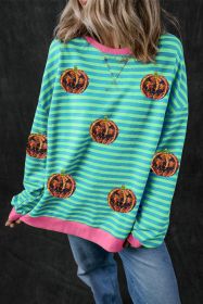 Sky Blue Stripe Funny Halloween Pumpkin Pattern Oversize Sweatshirt (size: (US 12-14)L)