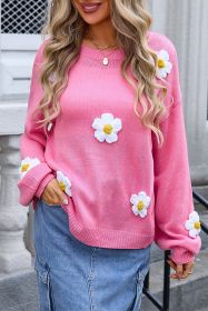 Rose Floral Round Neck Long Sleeve Knit Sweater (size: (US 8-10)M)