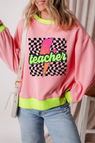 Pink Teacher Lightning Checkered Print Color Block Sweatshirt (size: (US 8-10)M)