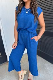 Sky Blue Textured Cap Sleeve Top and Wide Leg Pants Set (size: (US 8-10)M)
