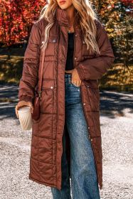 Coffee Quilted Puffer Stand Neck Zipped Mid-length Coat (size: (US 8-10)M)