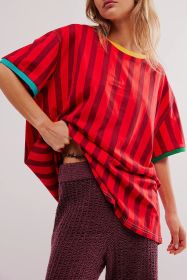 Red Striped Clashing Colours Casual Loose T Shirt (size: (US 4-6)S)