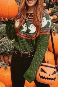 Jungle Green Halloween Ghost Pattern Drop Shoulder Sweater (size: (US 4-6)S)