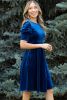 Sail Blue Velvet Ruched Short Sleeve Pocketed Midi Dress