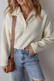 White Fleece Placket Turn-down Collar Drop Shoulder Sweatshirt (size: (US 4-6)S)