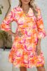 Orange Abstract Print V Neck Ruffle Bell Sleeve Mini Tiered Dress