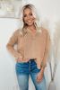 Brown V Neck Collared  Retro Waffle Long Sleeve Top