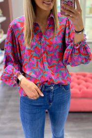 Multicolor Abstract Floral Long Puff Sleeve Shirt (size: (US 8-10)M)