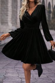Black Velvet Long Sleeve Surplice High Waist Mini Dress (size: (US 4-6)S)