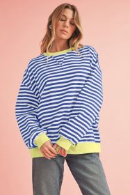 Blue Stripe Contrast Edge Cross Seam Oversized Pullover (size: (US 8-10)M)