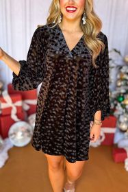 Black Textured V Neck Balloon Sleeve Velvet Mini Dress (size: (US 4-6)S)
