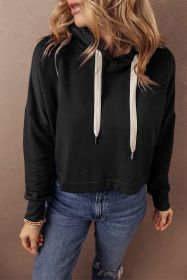 Black Drop Shoulder Drawstring Cropped Hoodie (size: (US 4-6)S)
