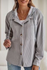 Light Grey Pockets Drawstring Hooded Corduroy Shacket (size: (US 8-10)M)