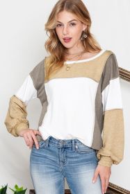 Khaki Color Block Exposed Seam Long Sleeve Top (size: (US 4-6)S)