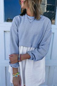 Sky Blue Stripe Patchwork Pleated High Waist Loose Mini Dress (size: (US 4-6)S)