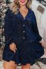 Navy Blue Textured Velvet Buttons Tiered Plus Size Dress