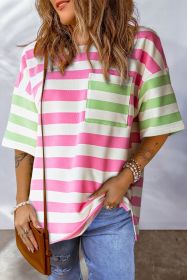 Pink Stripe Patch Pocket Drop Sleeve Slits T Shirt (size: (US 4-6)S)