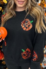 Black Halloween Sequin Pumpkin Pattern Plus Size Sweater (size: (US 22W-24W)3X)