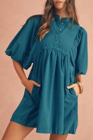 Light Blue Snap Button Empire Waist Lantern Sleeve Corduroy Dress (size: (US 8-10)M)