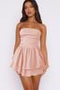 Apricot Pink Crinkled Strapless Layered Short Dress
