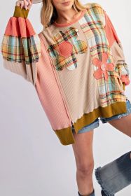 Multicolor Plaid Flower Patchwork Waffle Drop Shoulder Loose Top (size: (US 4-6)S)