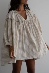 White Plaid Frill Detail Flowy Mini Dress (size: (US 4-6)S)