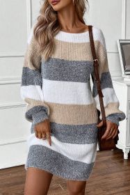 Gray Stripe Color Block Bubble Sleeve Drop Shoulder Sweater Dress (size: (US 4-6)S)