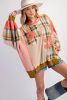 Multicolor Plaid Flower Patchwork Waffle Drop Shoulder Loose Top