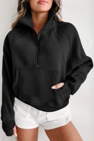 Black Quarter Zip Stand Neck Kangaroo Pocket Sweatshirt (size: (US 8-10)M)