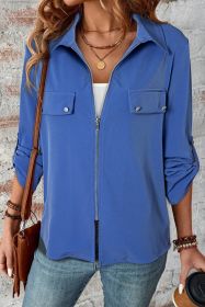 Dusk Blue Collar Tab Sleeve Zip Up Jacket (size: (US 8-10)M)