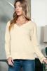 Apricot Ribbed Texture Lace Trim V Neck Long Sleeve Top